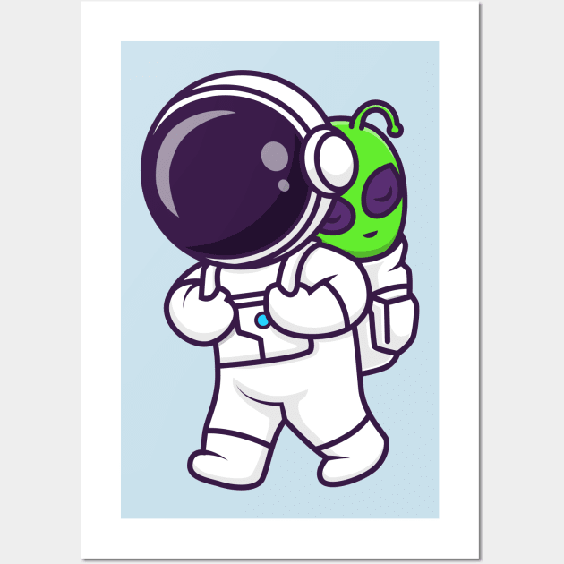 Cute Astronaut Bring Baby Alien Cartoon Wall Art by Catalyst Labs